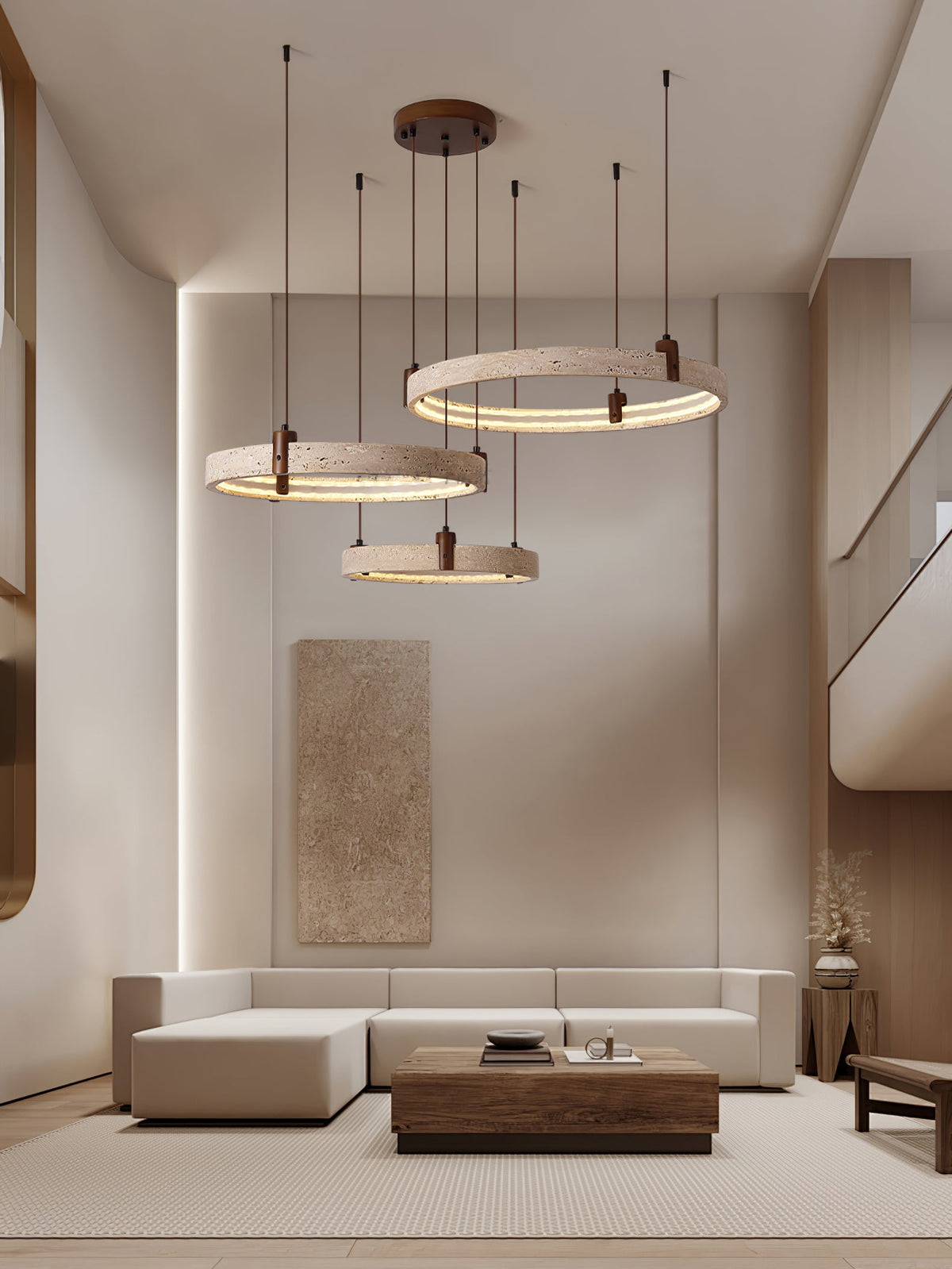 Celestial Orbit Travertine Chandelier with Adjustable Height