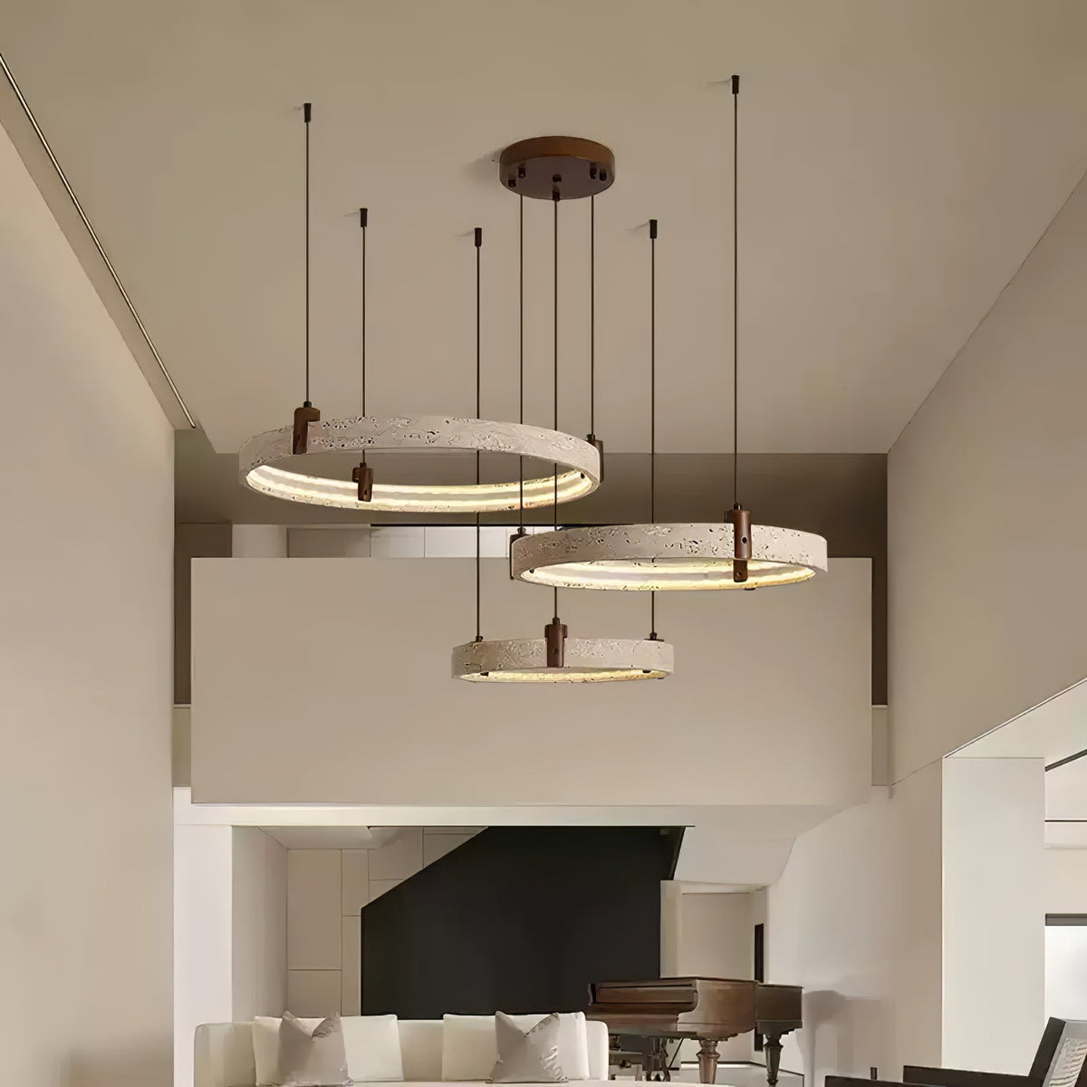 Celestial Orbit Travertine Chandelier with Adjustable Height