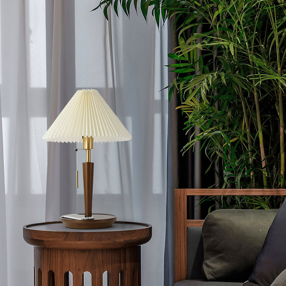 Cone Pleated Fabric Table Lamp with Adjustable Height — front view