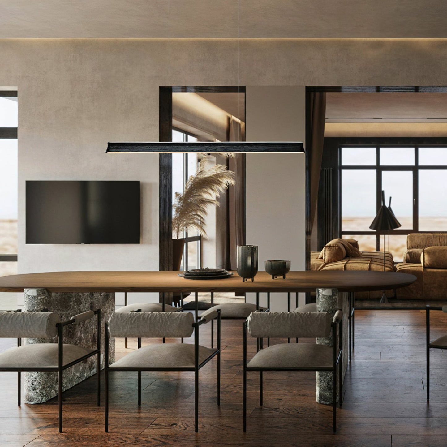 Slim Linear Wood Chandelier with Dimmable Light