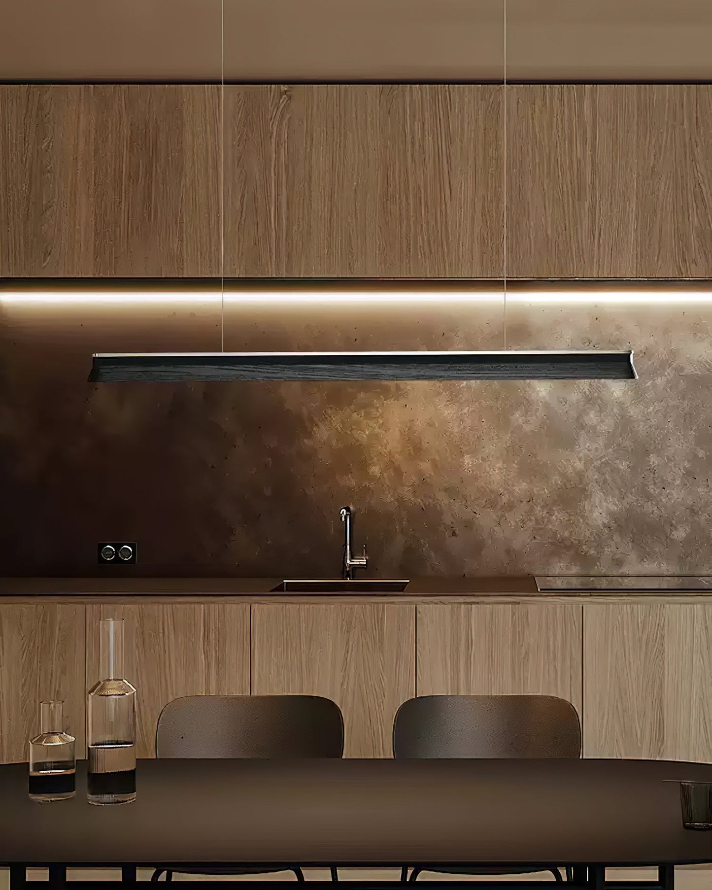 Slim Linear Wood Chandelier with Dimmable Light