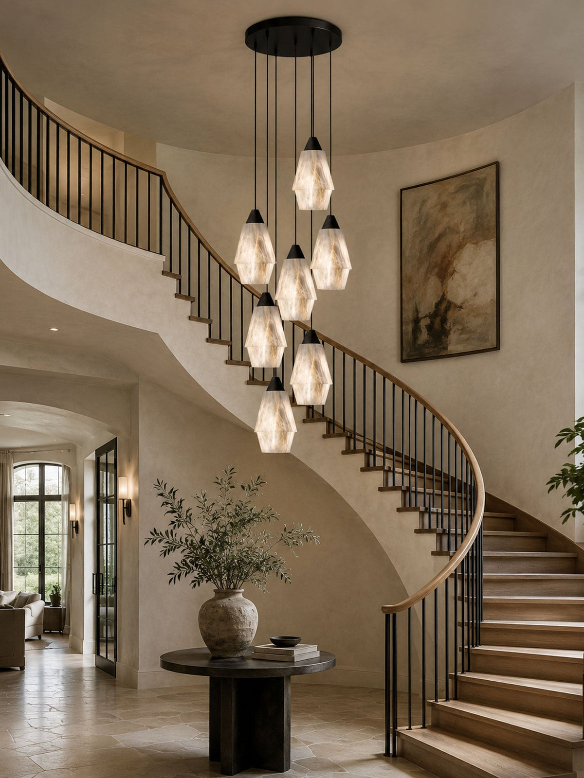Faceted Alabaster Cluster Chandelier with Adjustable Height