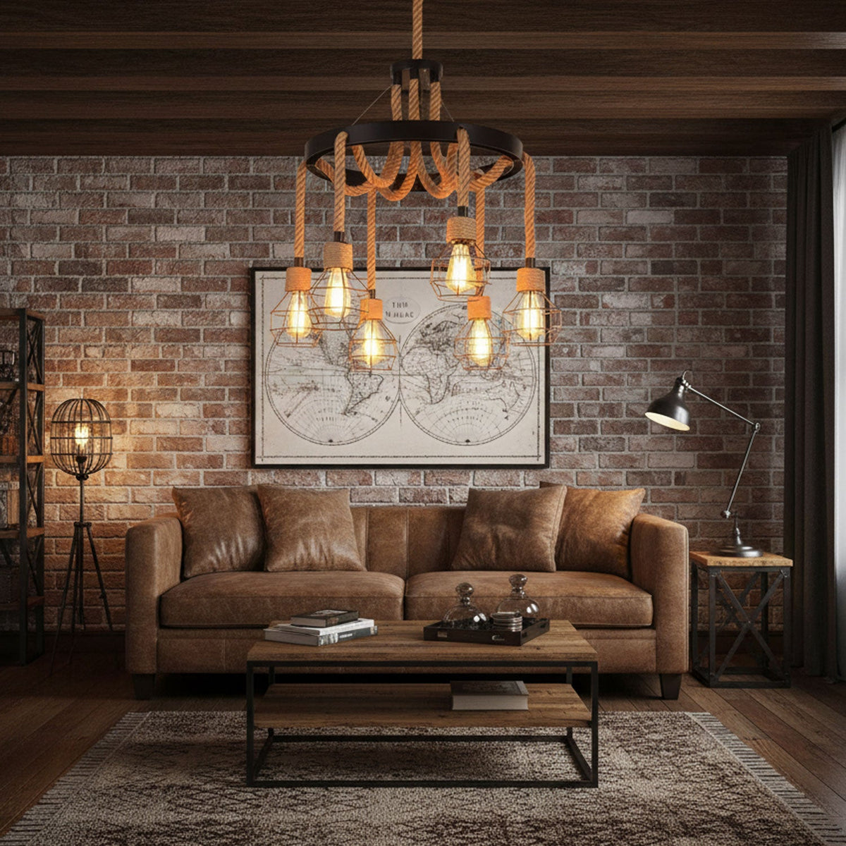 Industrial Hemp Rope Starfall Chandelier, Rustic Design — lifestyle view