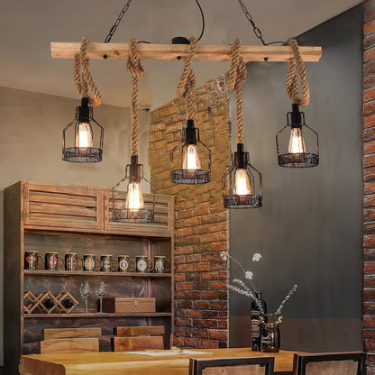Industrial Hemp Rope Cluster Chandelier, Unique Design — side view