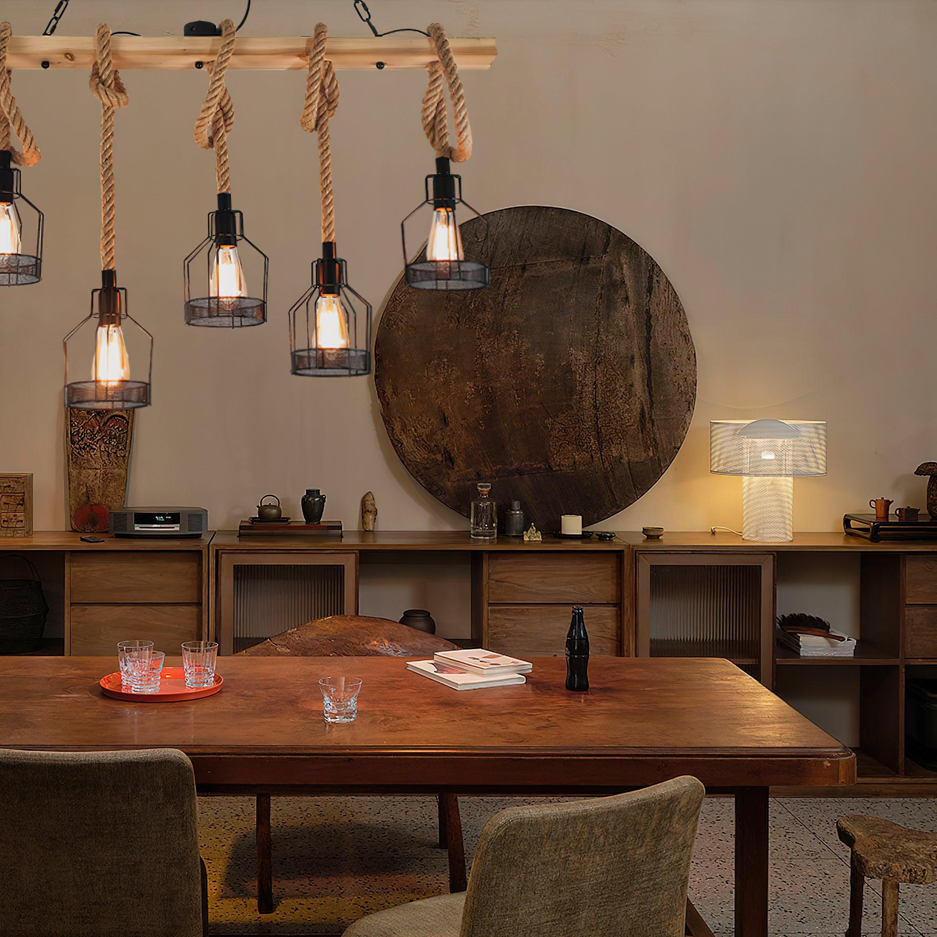 Industrial Hemp Rope Cluster Chandelier, Unique Design — alternate angle