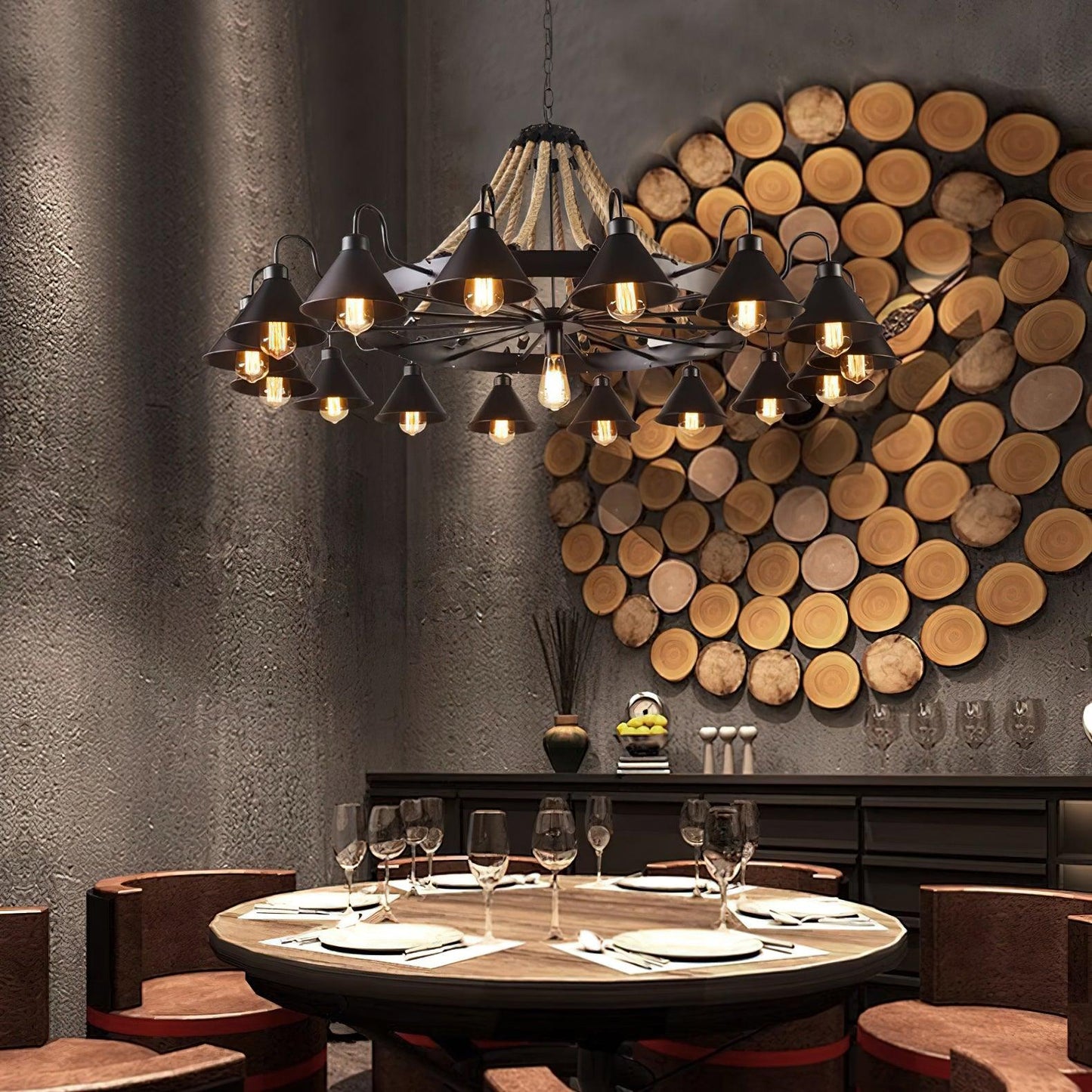 Industrial Hemp Rope Horn Chandelier, Rustic Design — lifestyle view