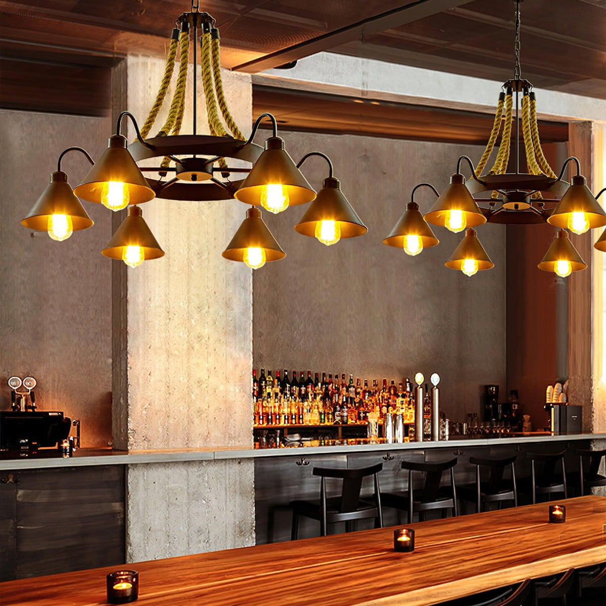 Industrial Hemp Rope Horn Chandelier, Rustic Design — side view