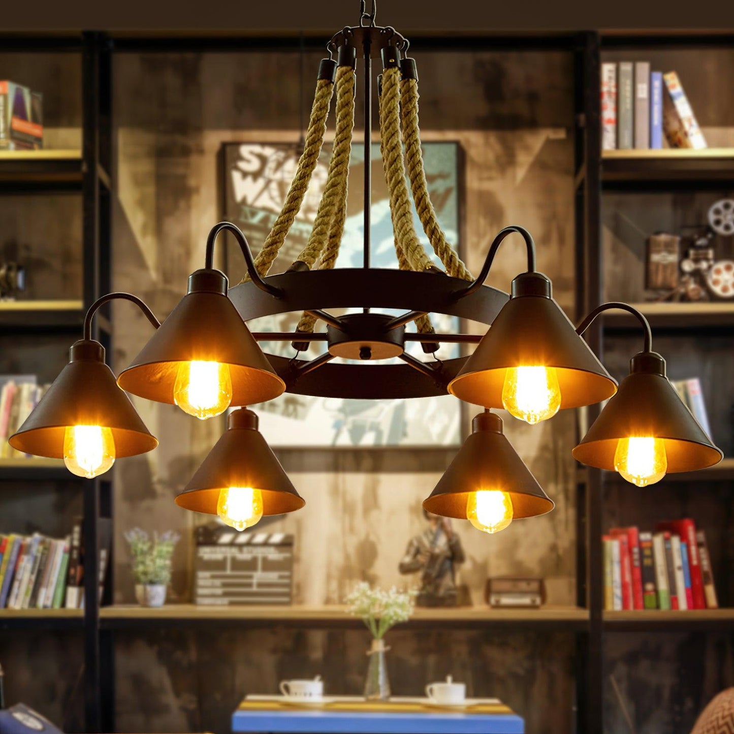 Industrial Hemp Rope Horn Chandelier, Rustic Design — detail view