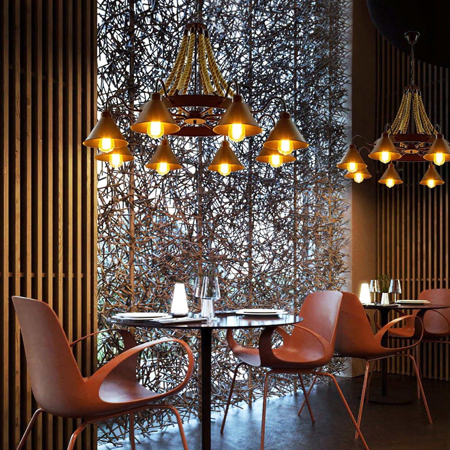 Industrial Hemp Rope Horn Chandelier, Rustic Design — alternate angle