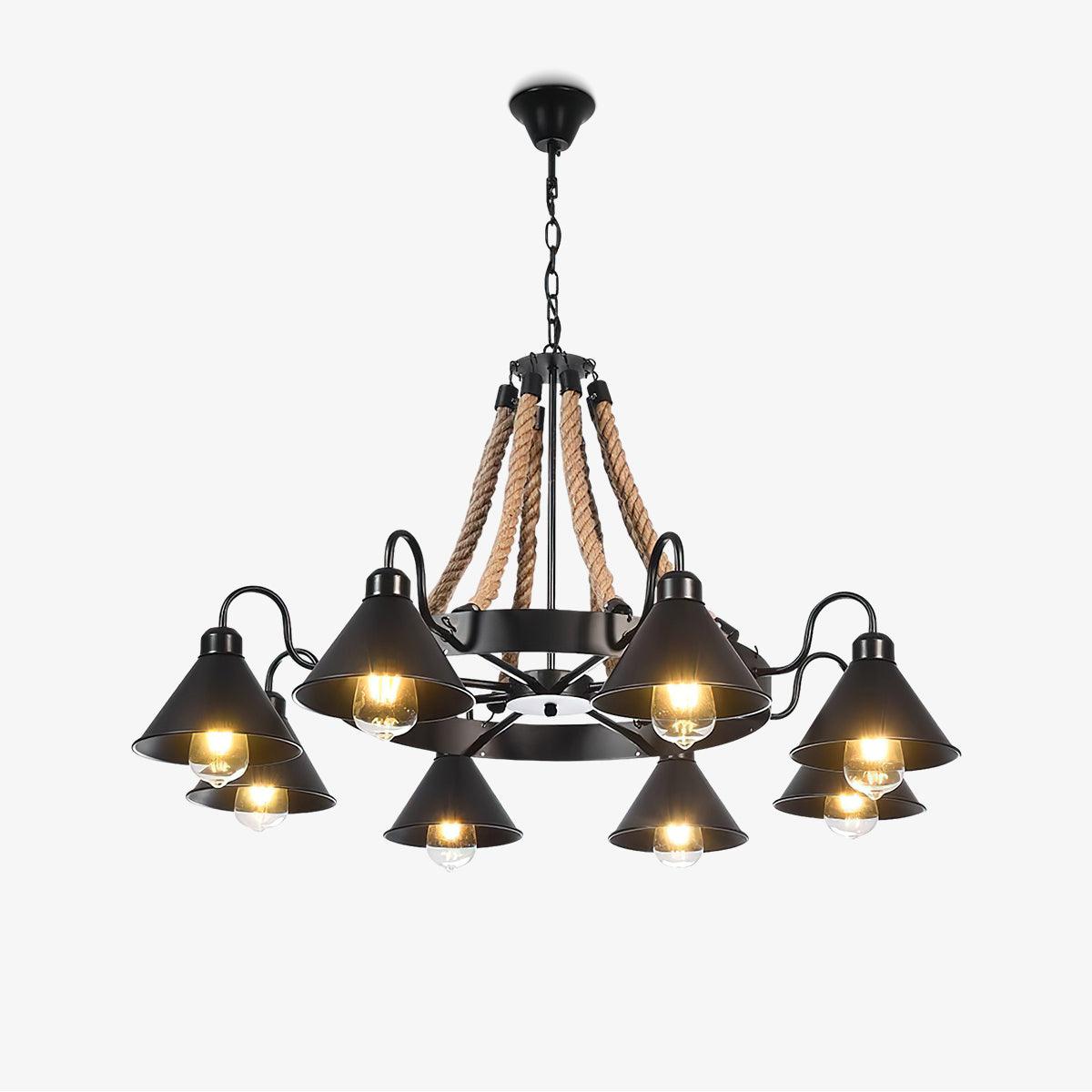 Industrial Hemp Rope Horn Chandelier, Rustic Design — front view
