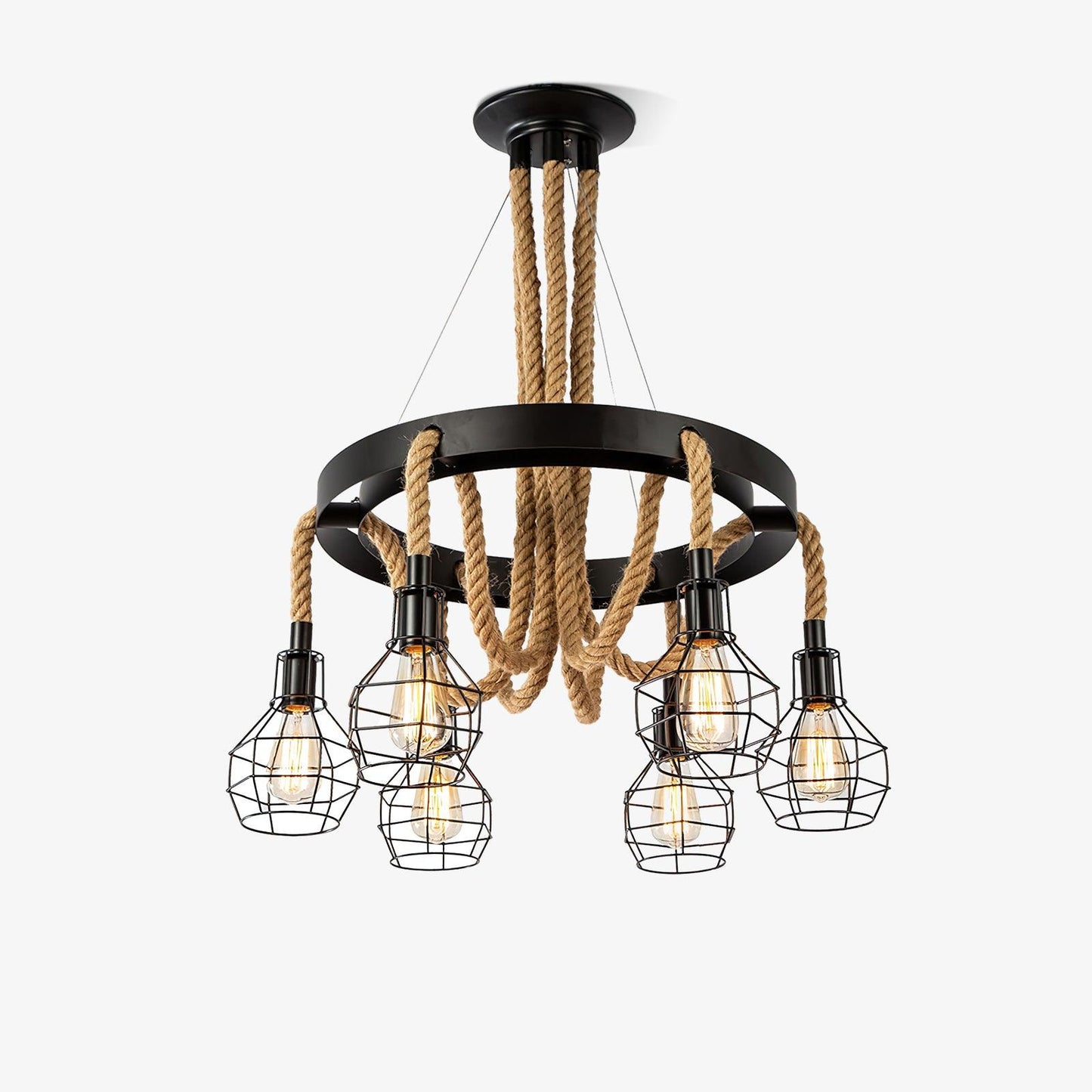 Industrial Hemp Rope Starfall Chandelier, Rustic Design — front view