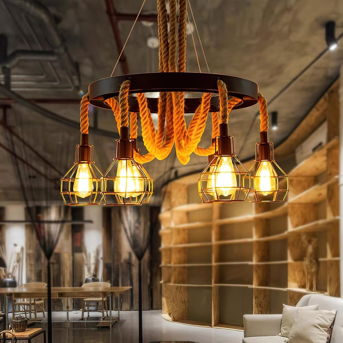 Industrial Hemp Rope Starfall Chandelier, Rustic Design — side view