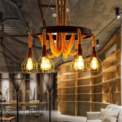 Industrial Hemp Rope Starfall Chandelier, Rustic Design — side view