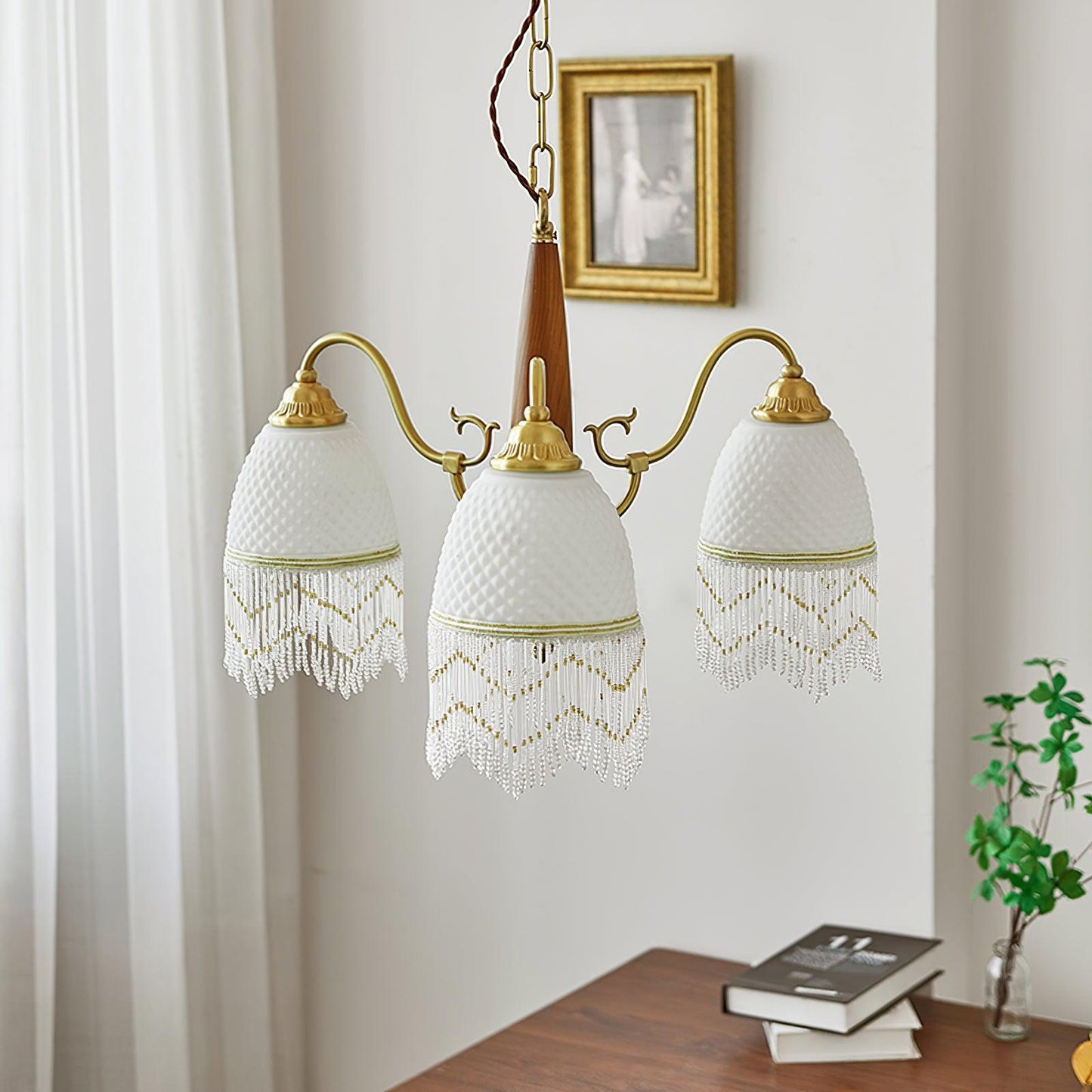 Mesh Tassel Glass Chandelier with Adjustable Height — front view