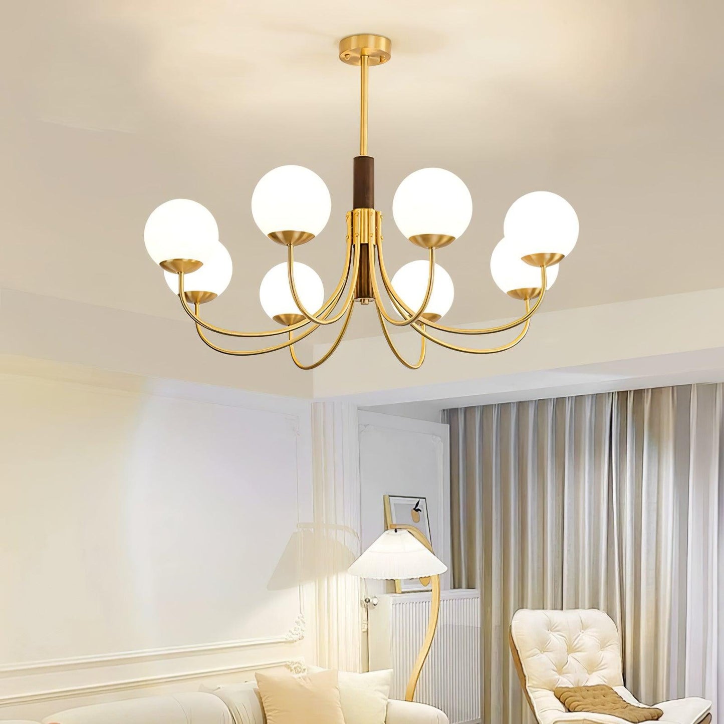 Midas Touch Walnut Sphere Chandelier with Adjustable Height — lifestyle view