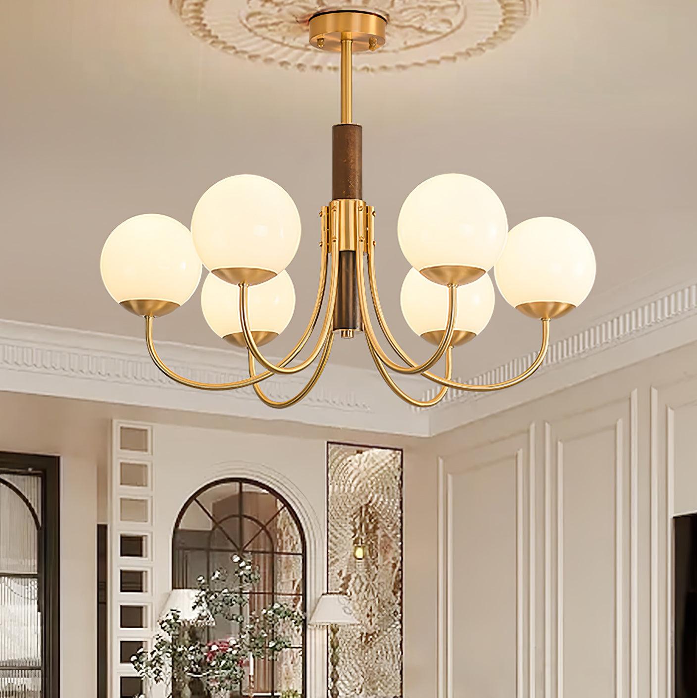 Midas Touch Walnut Sphere Chandelier with Adjustable Height — front view