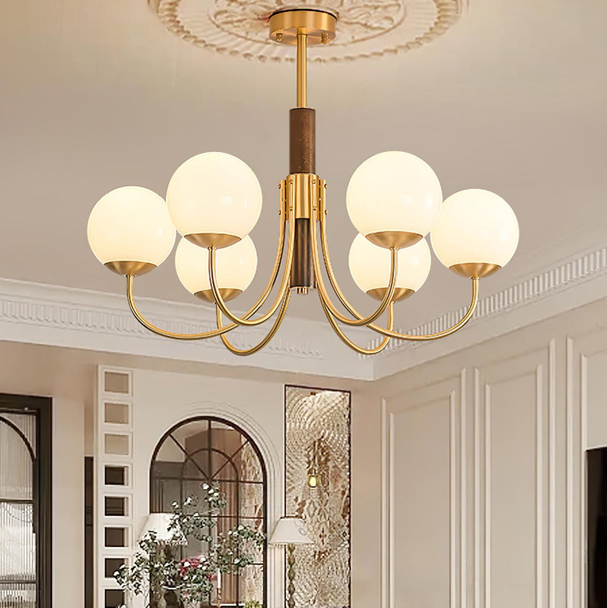 Midas Touch Walnut Sphere Chandelier with Adjustable Height — front view