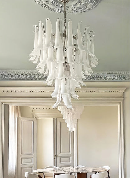 White Glass Petals Chandelier with Soft Illumination — side view