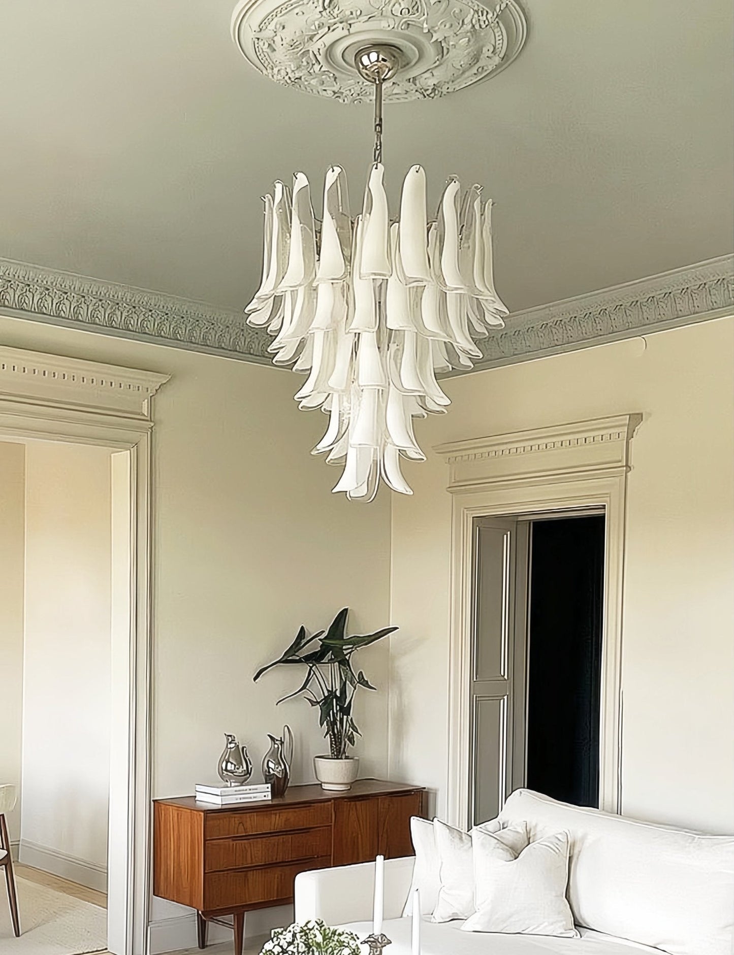White Glass Petals Chandelier with Soft Illumination
