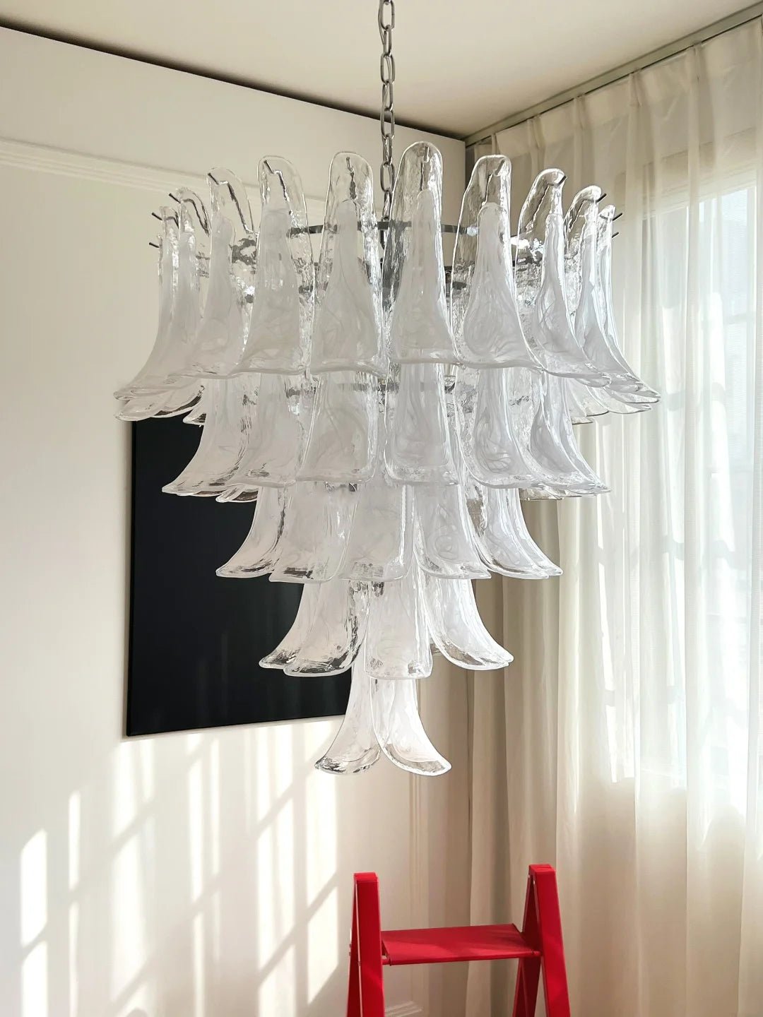 White Glass Petals Chandelier with Soft Illumination — lifestyle view