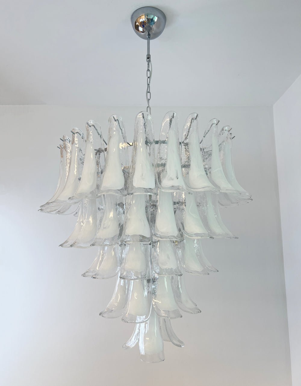 White Glass Petals Chandelier with Soft Illumination — front view