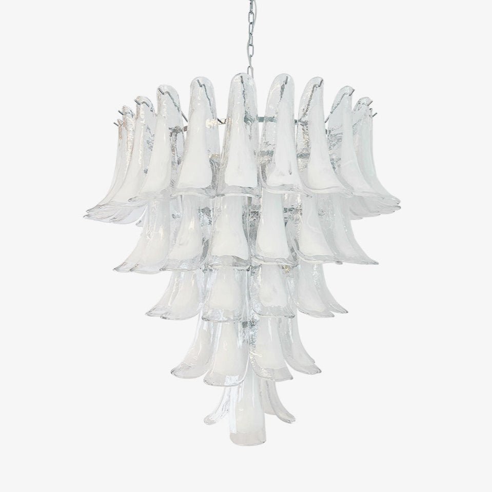 White Glass Petals Chandelier with Soft Illumination — detail view