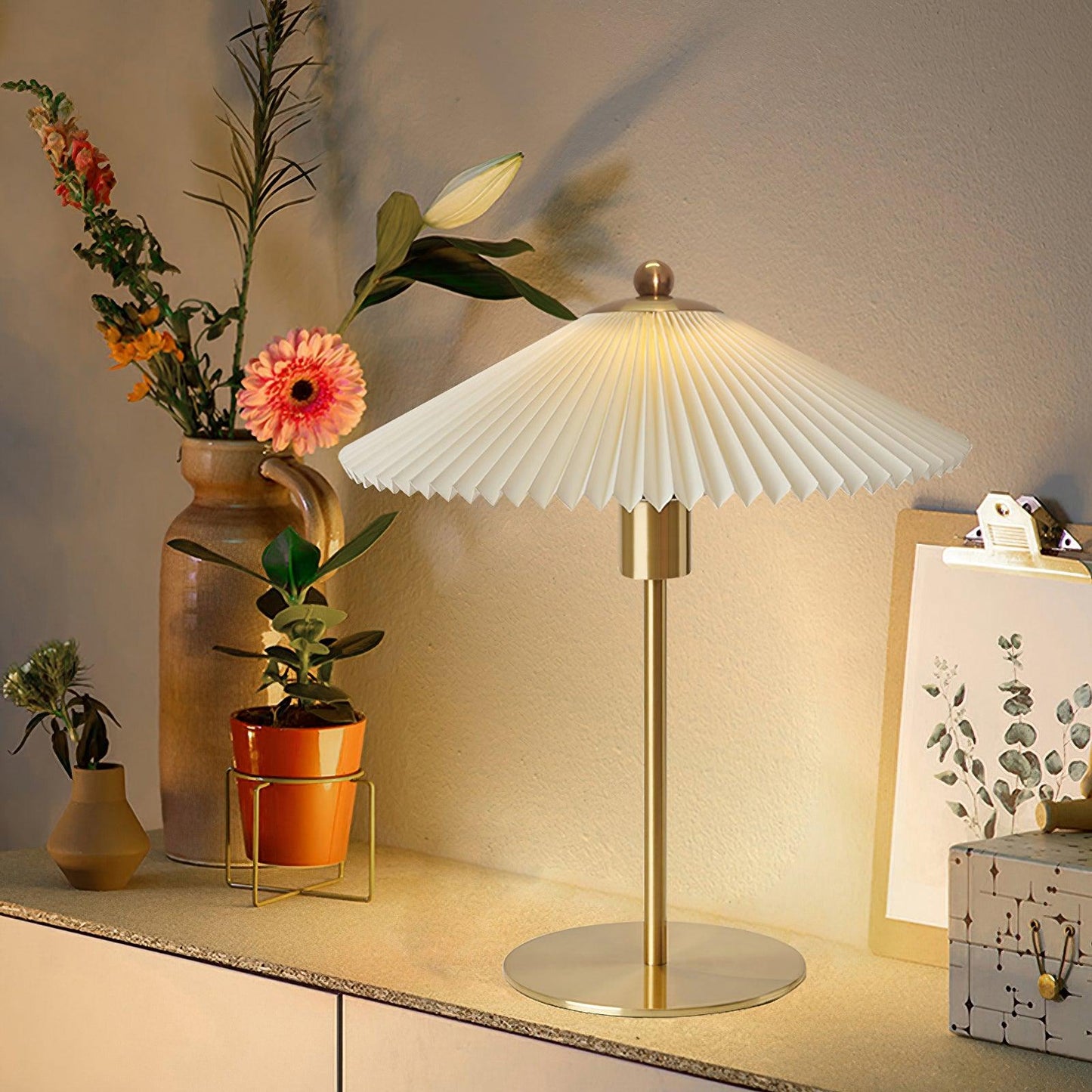 Pleated Table Lamp, Gold Finish — lifestyle view