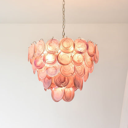 Pink Glass Disc Chandelier with Soft Light — alternate angle