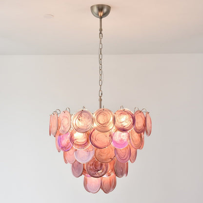 Pink Glass Disc Chandelier with Soft Light