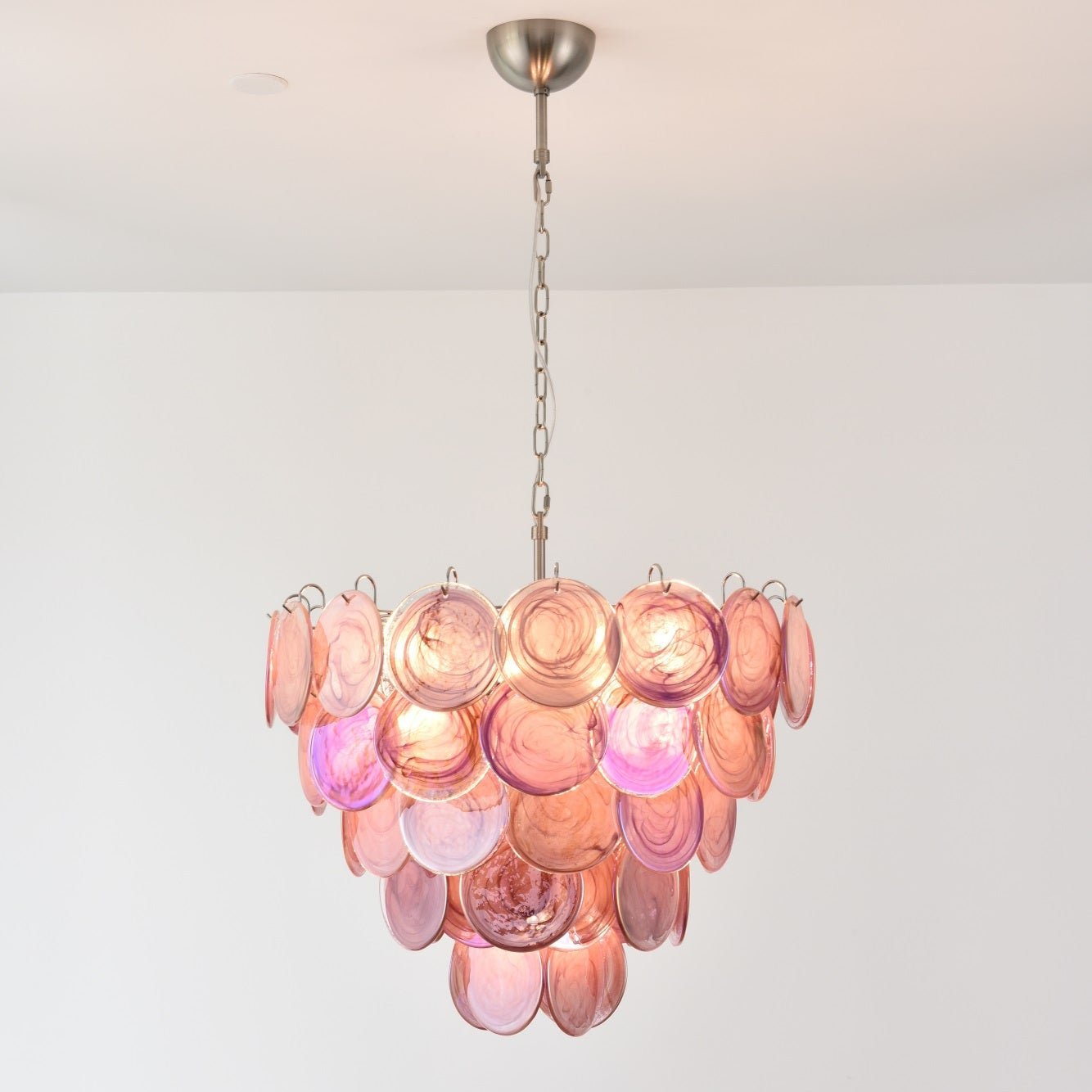 Pink Glass Disc Chandelier with Soft Light — front view