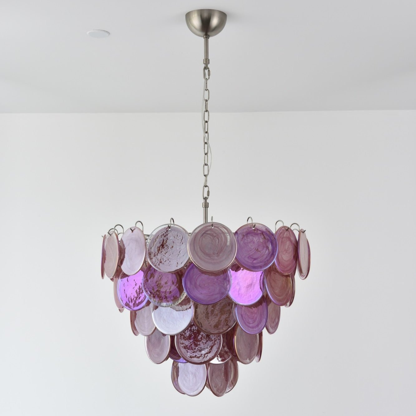 Pink Glass Disc Chandelier with Soft Light — front view