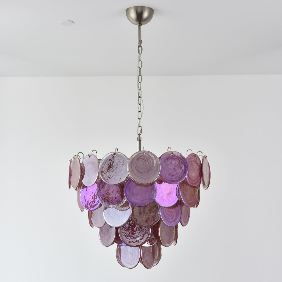 Pink Glass Disc Chandelier with Soft Light — front view