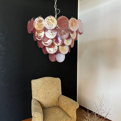 Pink Glass Disc Chandelier with Soft Light