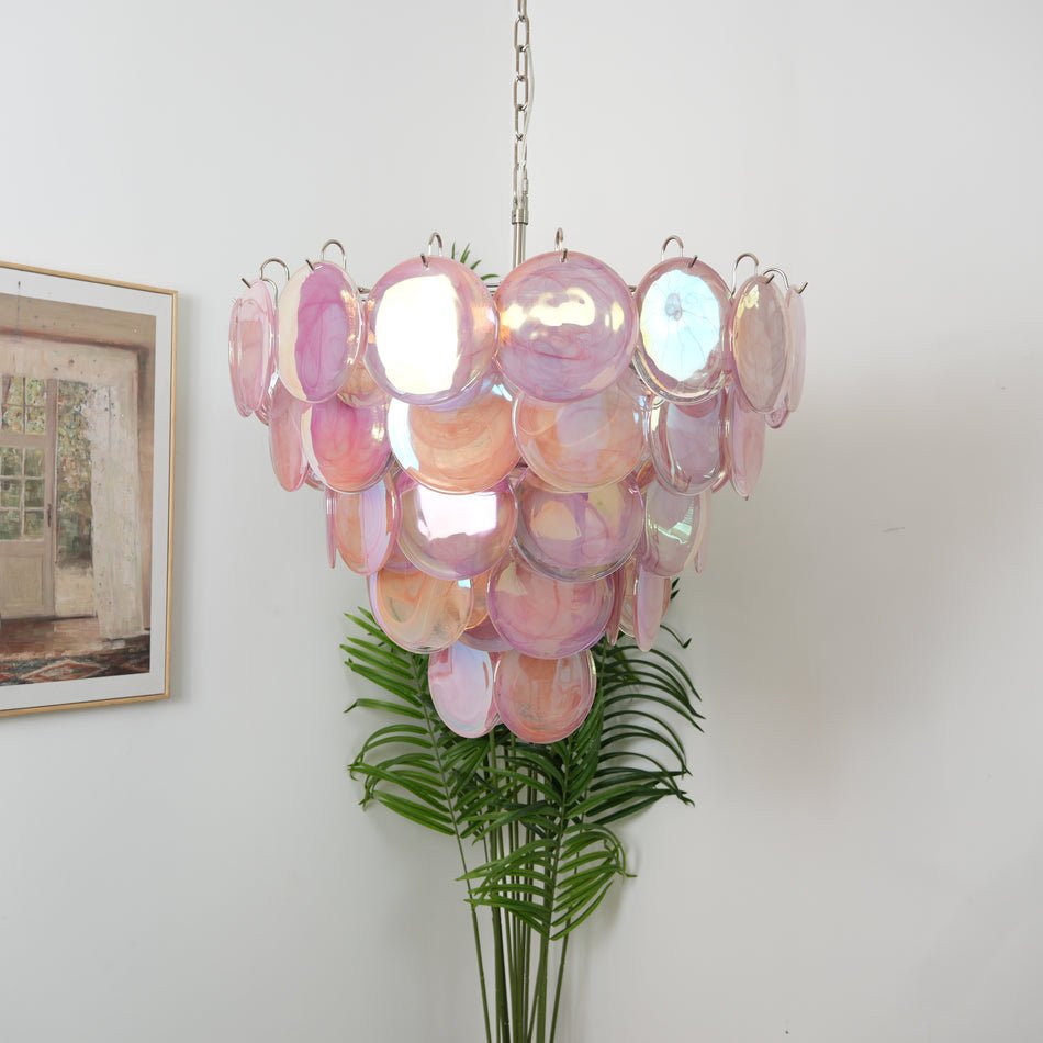 Pink Glass Disc Chandelier with Soft Light