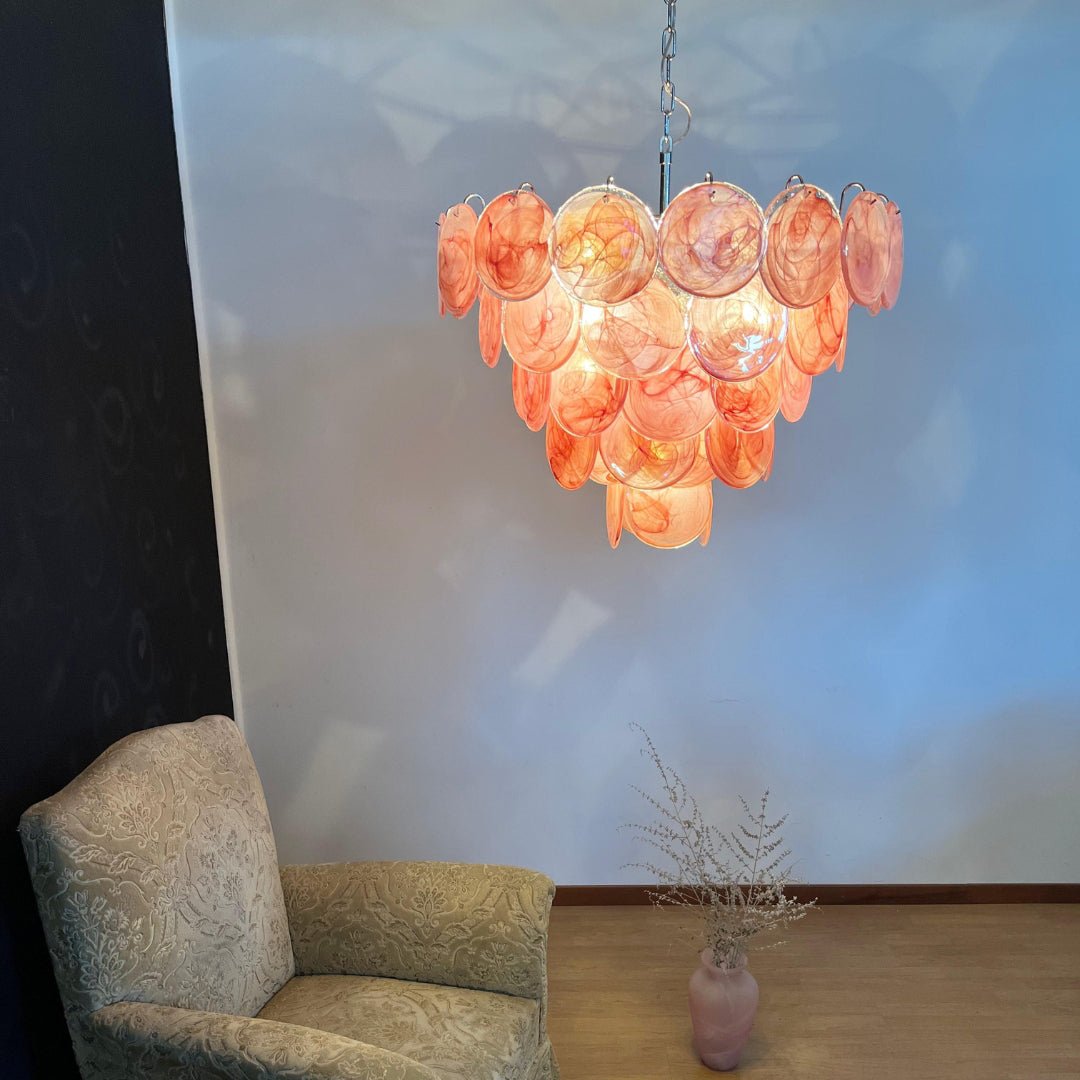 Pink Glass Disc Chandelier with Soft Light
