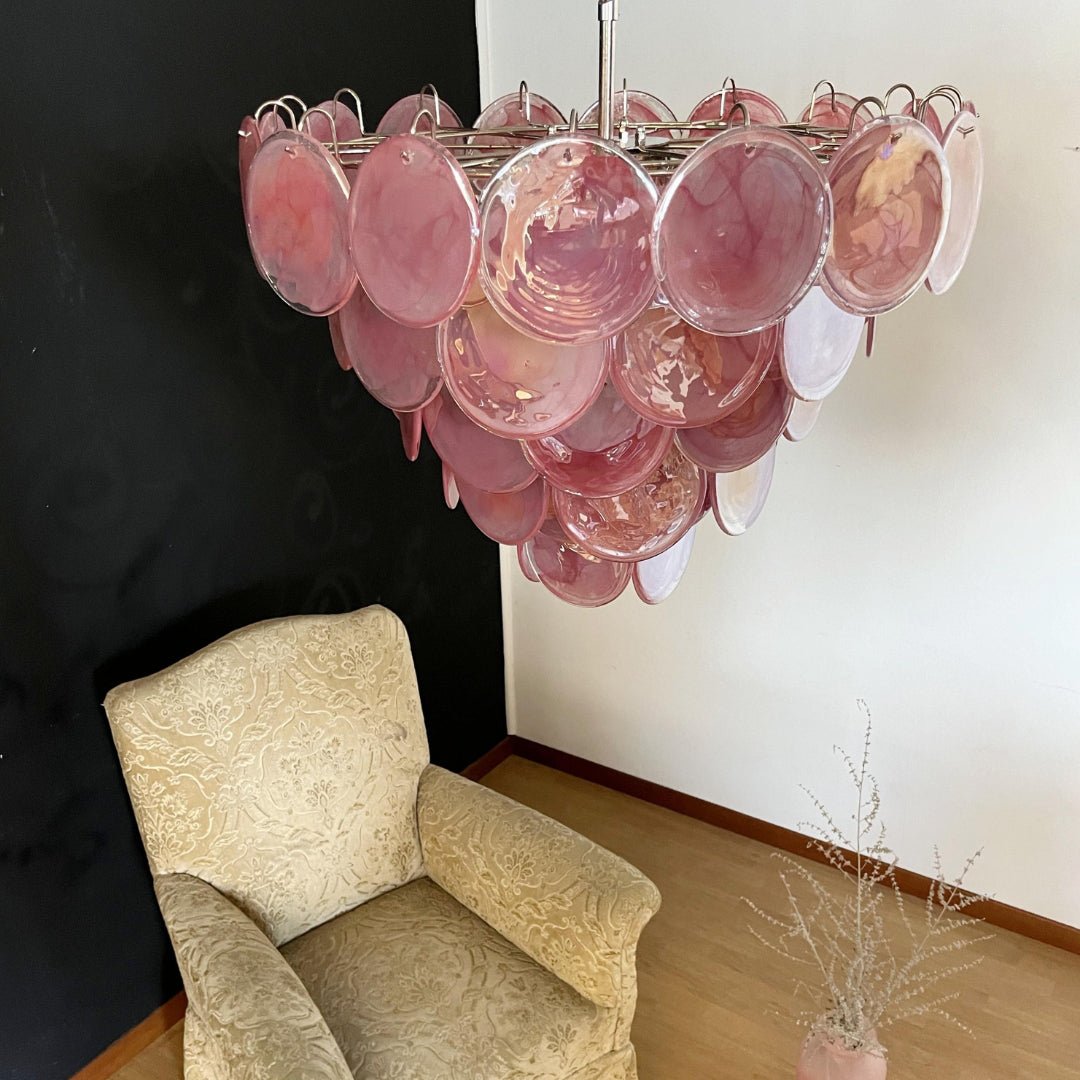 Pink Glass Disc Chandelier with Soft Light