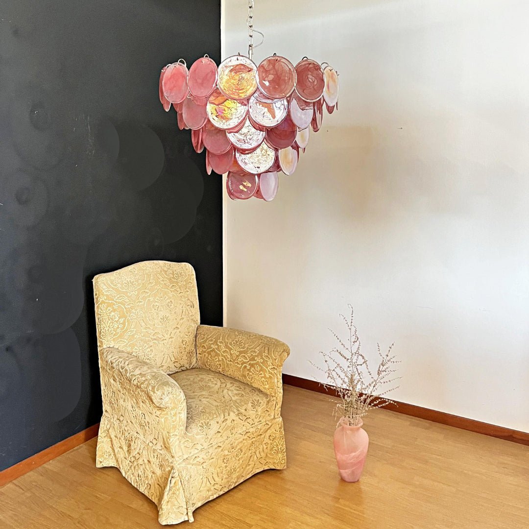 Pink Glass Disc Chandelier with Soft Light