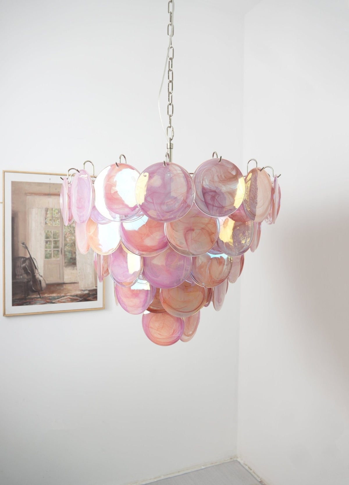 Pink Glass Disc Chandelier with Soft Light