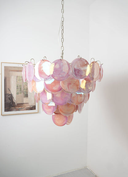 Pink Glass Disc Chandelier with Soft Light