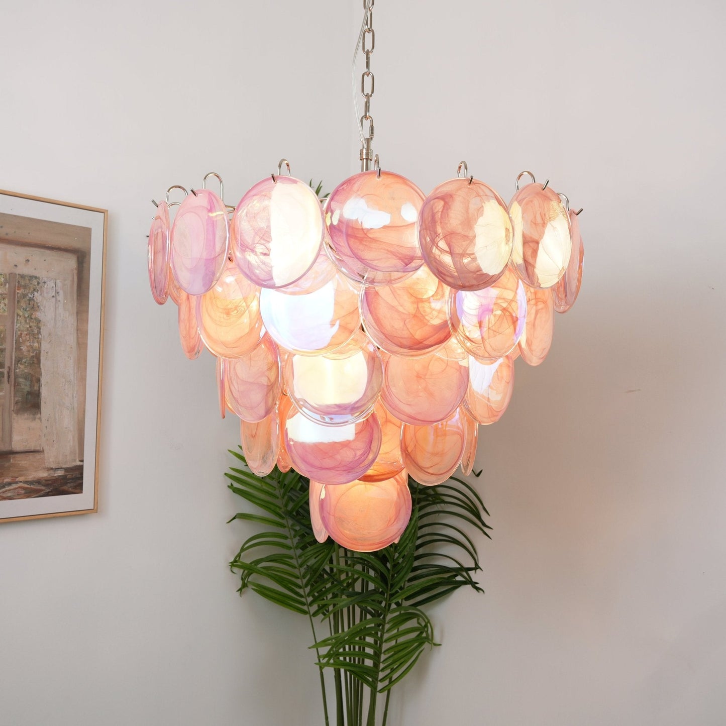 Pink Glass Disc Chandelier with Soft Light — detail view