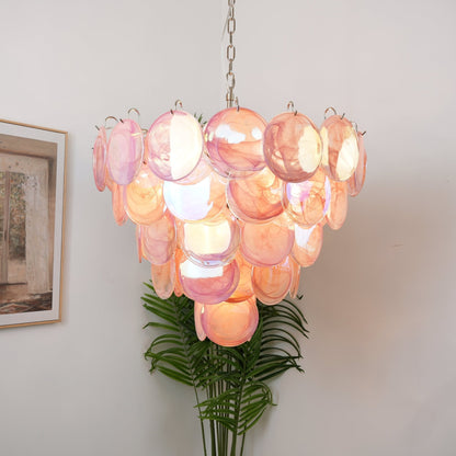 Pink Glass Disc Chandelier with Soft Light — detail view