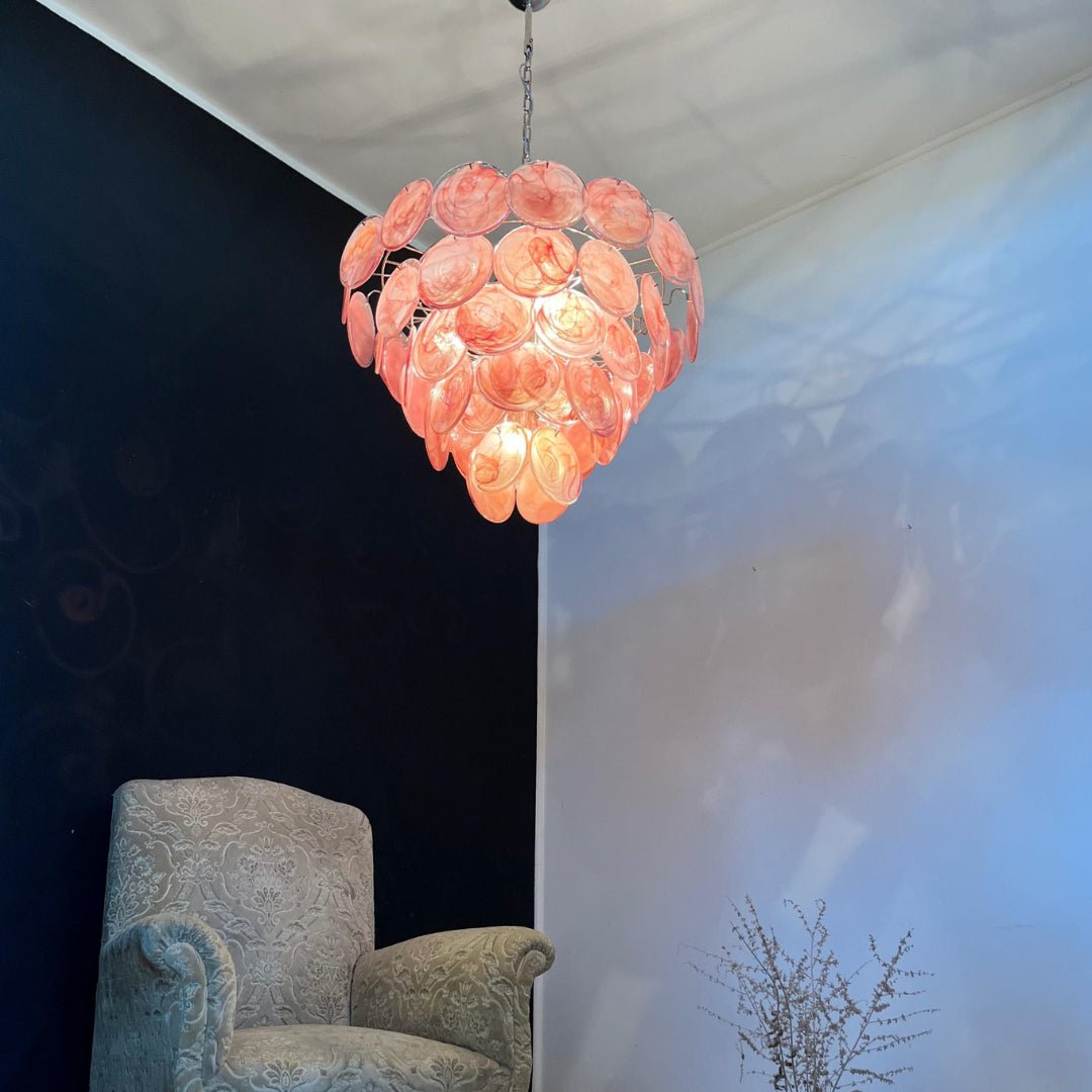 Pink Glass Disc Chandelier with Soft Light