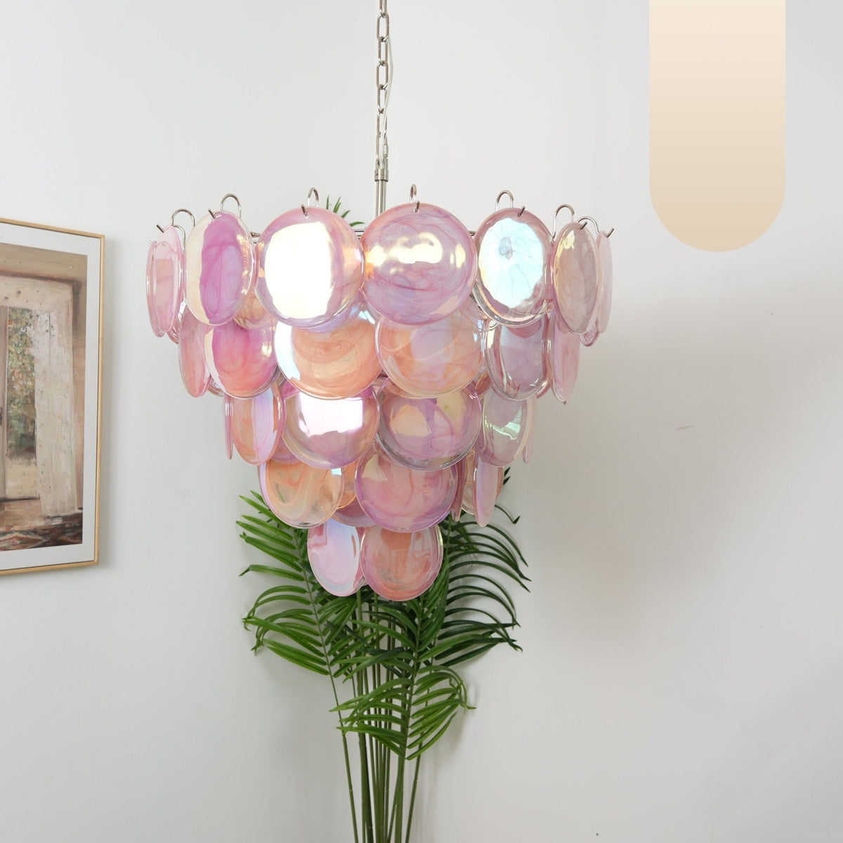 Pink Glass Disc Chandelier with Soft Light