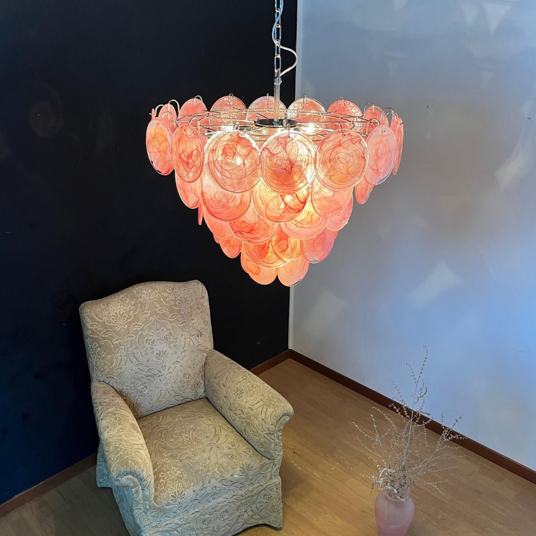Pink Glass Disc Chandelier with Soft Light