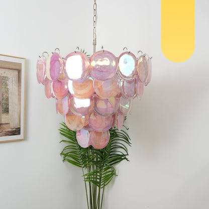 Pink Glass Disc Chandelier with Soft Light