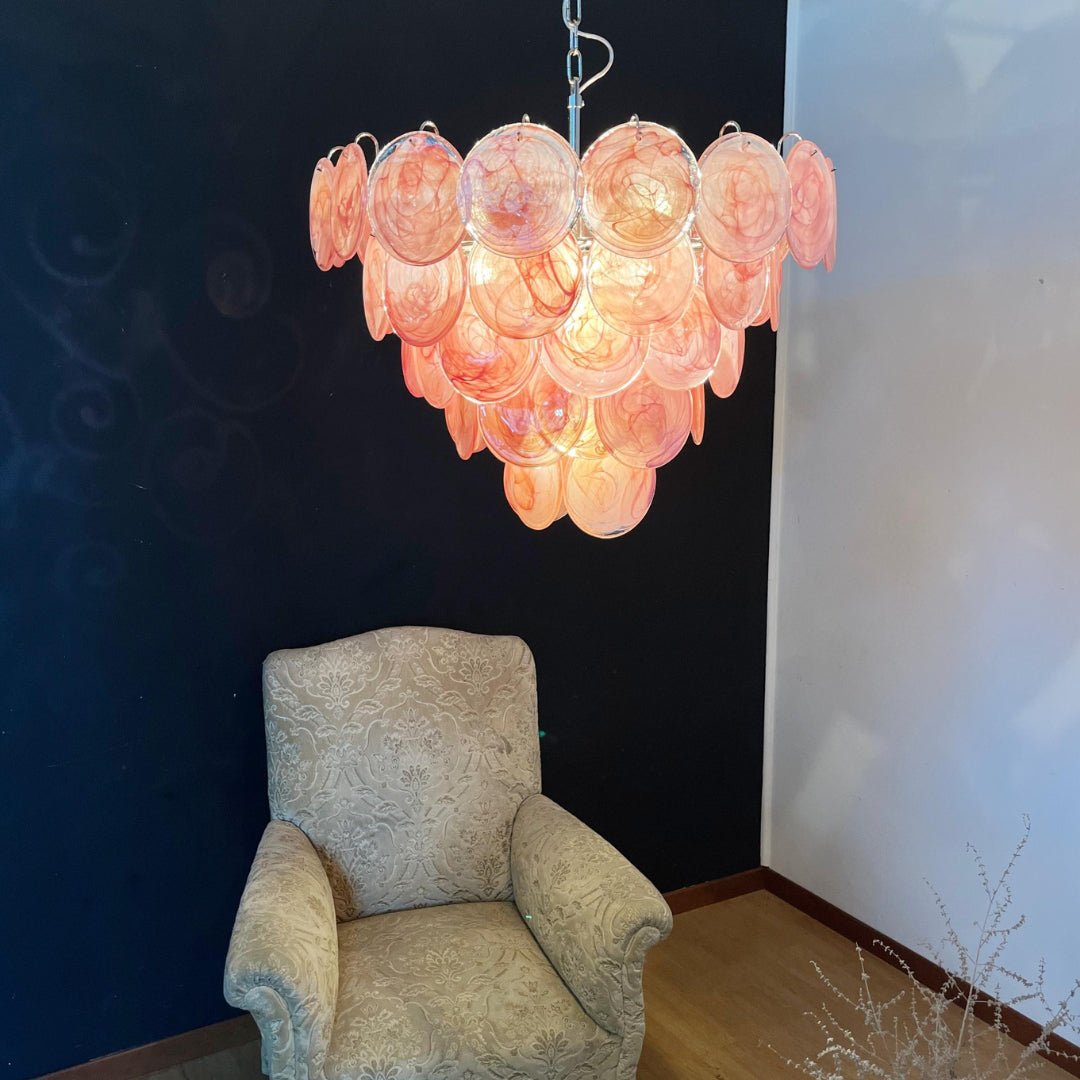 Pink Glass Disc Chandelier with Soft Light