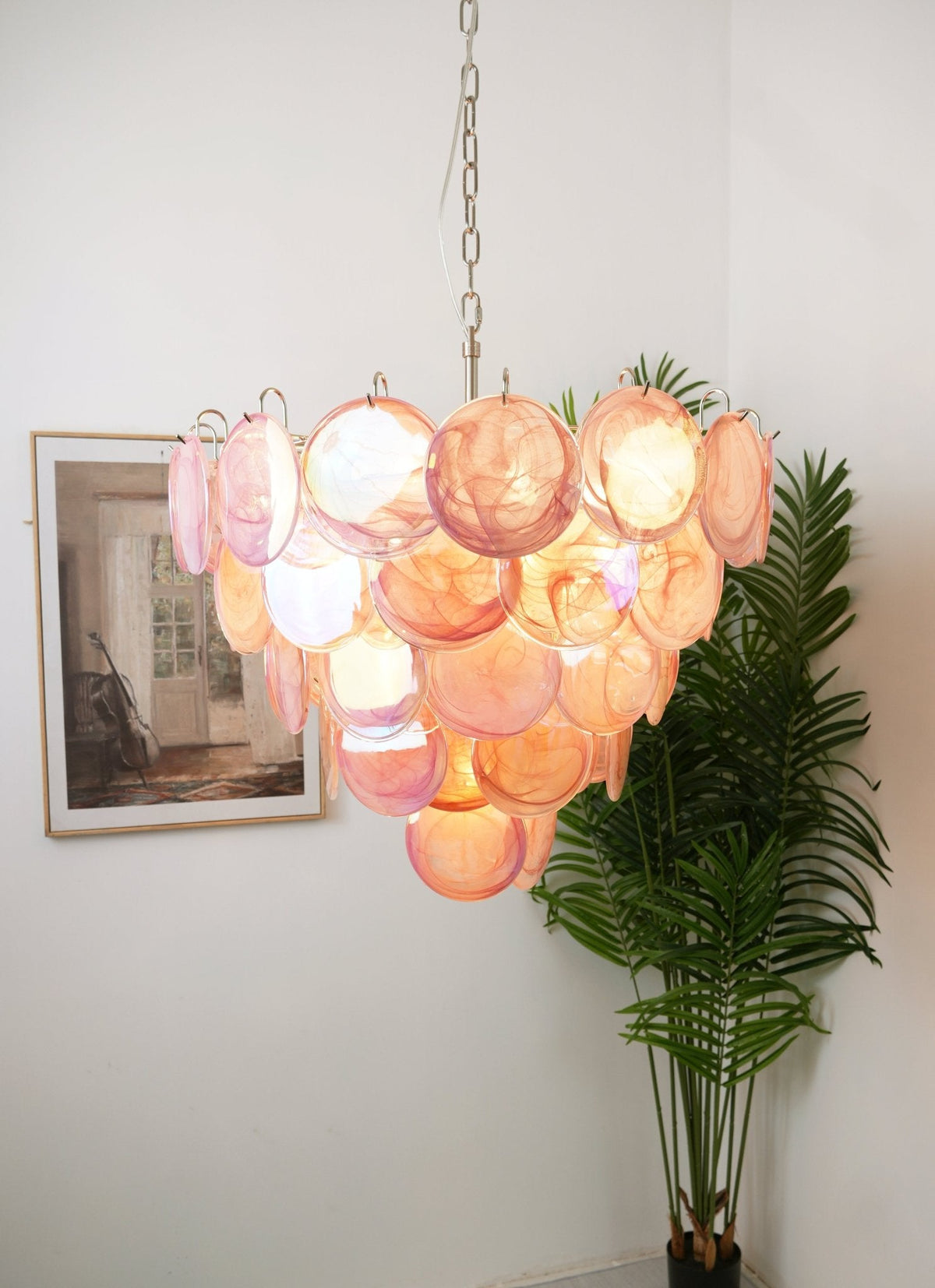 Pink Glass Disc Chandelier with Soft Light
