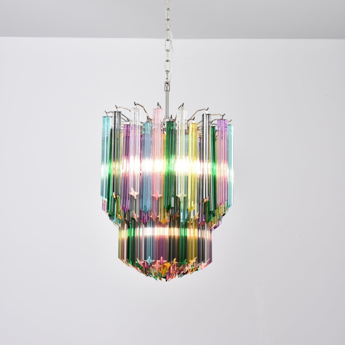 Colorful Prismatic Glass Chandelier with Adjustable Height — detail view