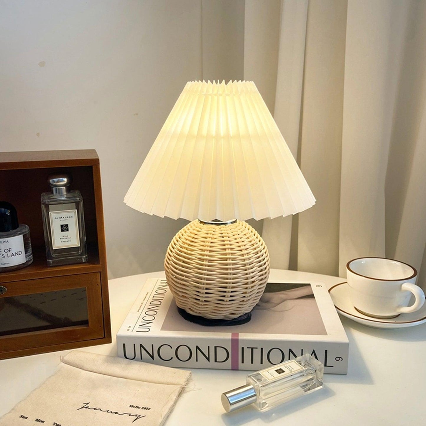 Rattan Pleated Table Lamp, Soft Ambient Light — detail view
