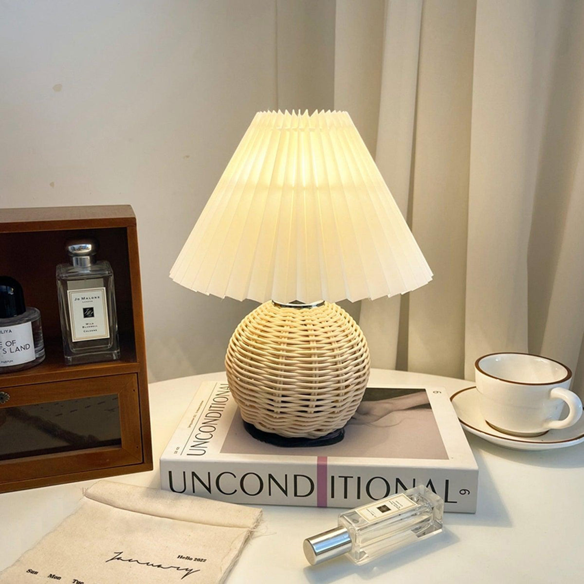Rattan Pleated Table Lamp, Soft Ambient Light — detail view